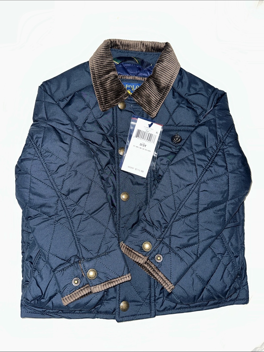 Polo by Ralph Lauren Navy Quilted Puffer Jacket with Brown Corduroy Collar 3t